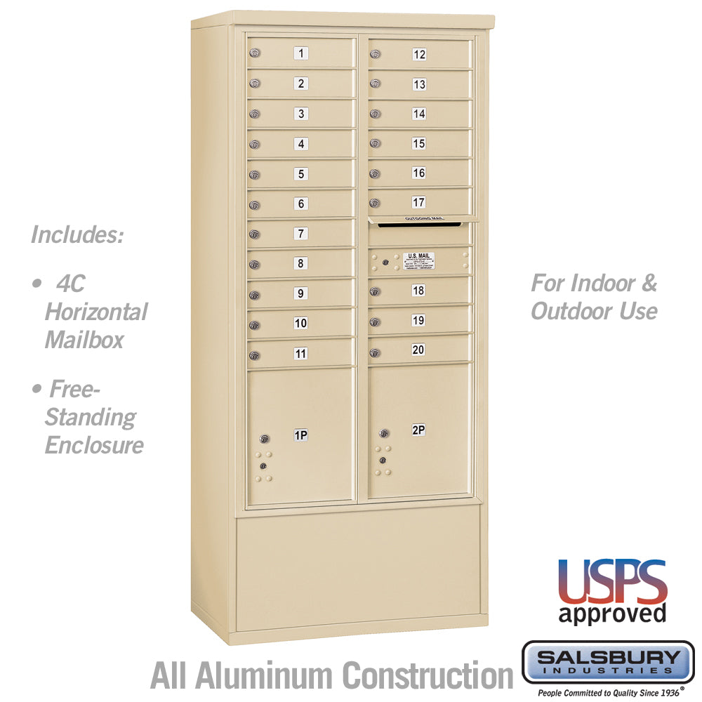 Maximum Height Free-Standing 4C Horizontal Mailbox with 20 Doors and 2 Parcel Lockers in Sandstone with Private Access