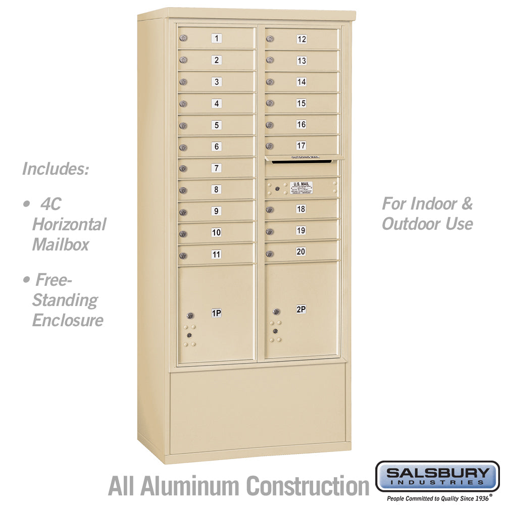 Maximum Height Free-Standing 4C Horizontal Mailbox with 20 Doors and 2 Parcel Lockers in Sandstone with USPS Access