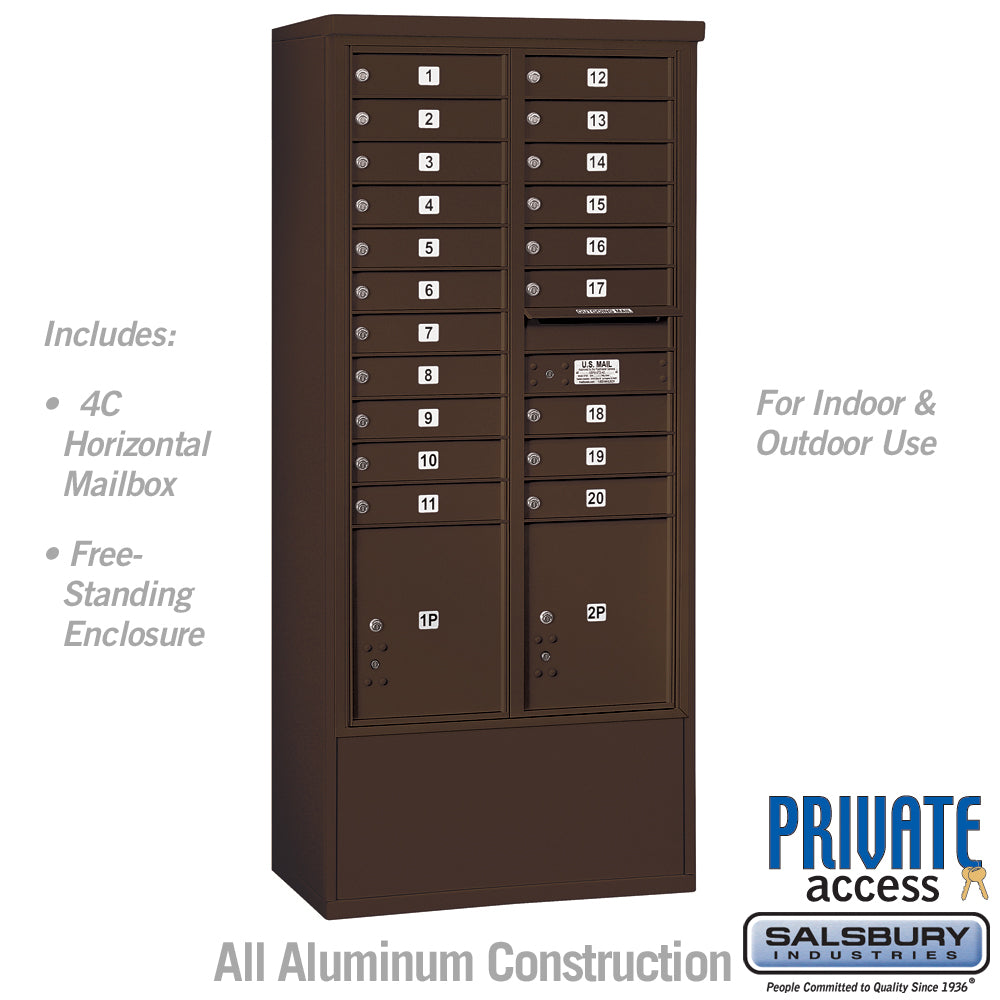 Maximum Height Free-Standing 4C Horizontal Mailbox with 20 Doors and 2 Parcel Lockers in Bronze with Private Access