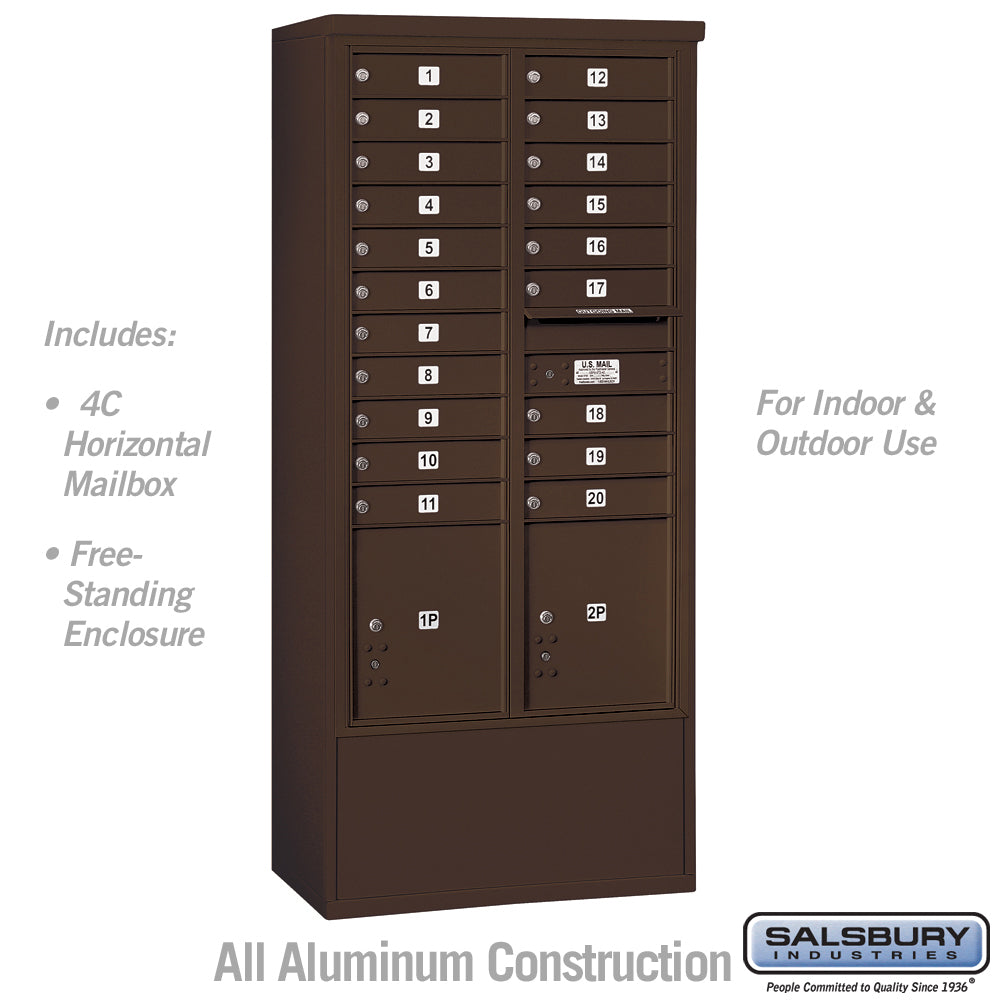 Maximum Height Free-Standing 4C Horizontal Mailbox with 20 Doors and 2 Parcel Lockers in Bronze with USPS Access