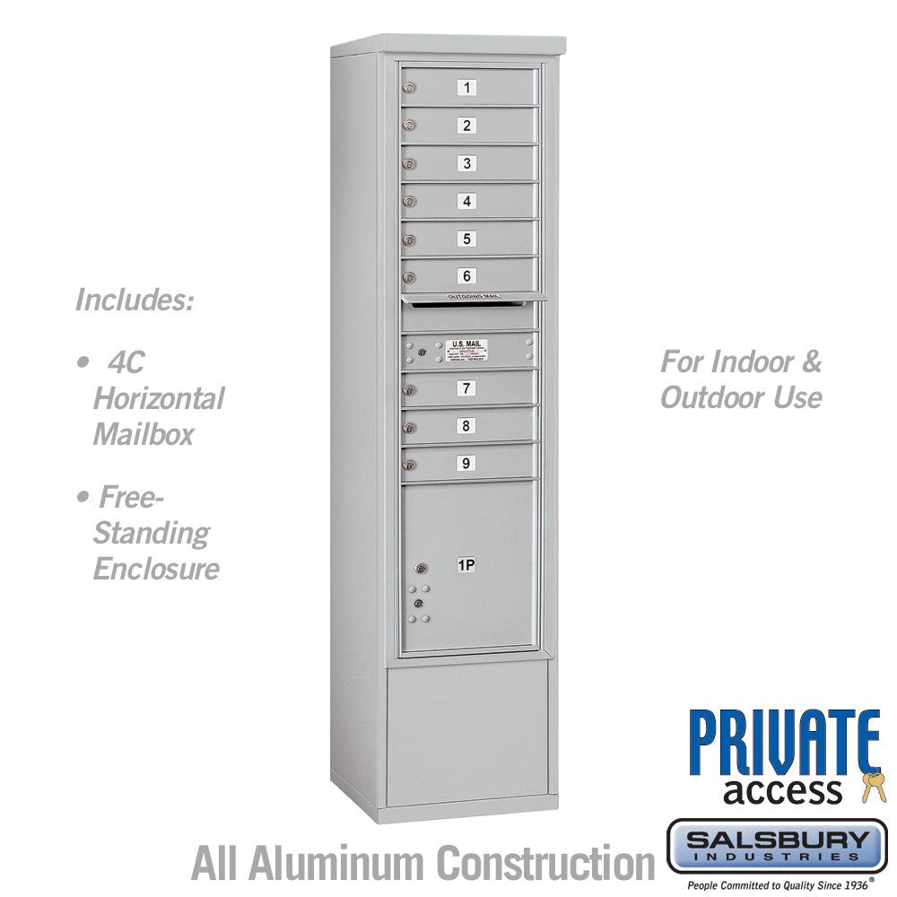 Maximum Height Free-Standing 4C Horizontal Mailbox with 9 Doors and 1 Parcel Locker in Aluminum with Private Access