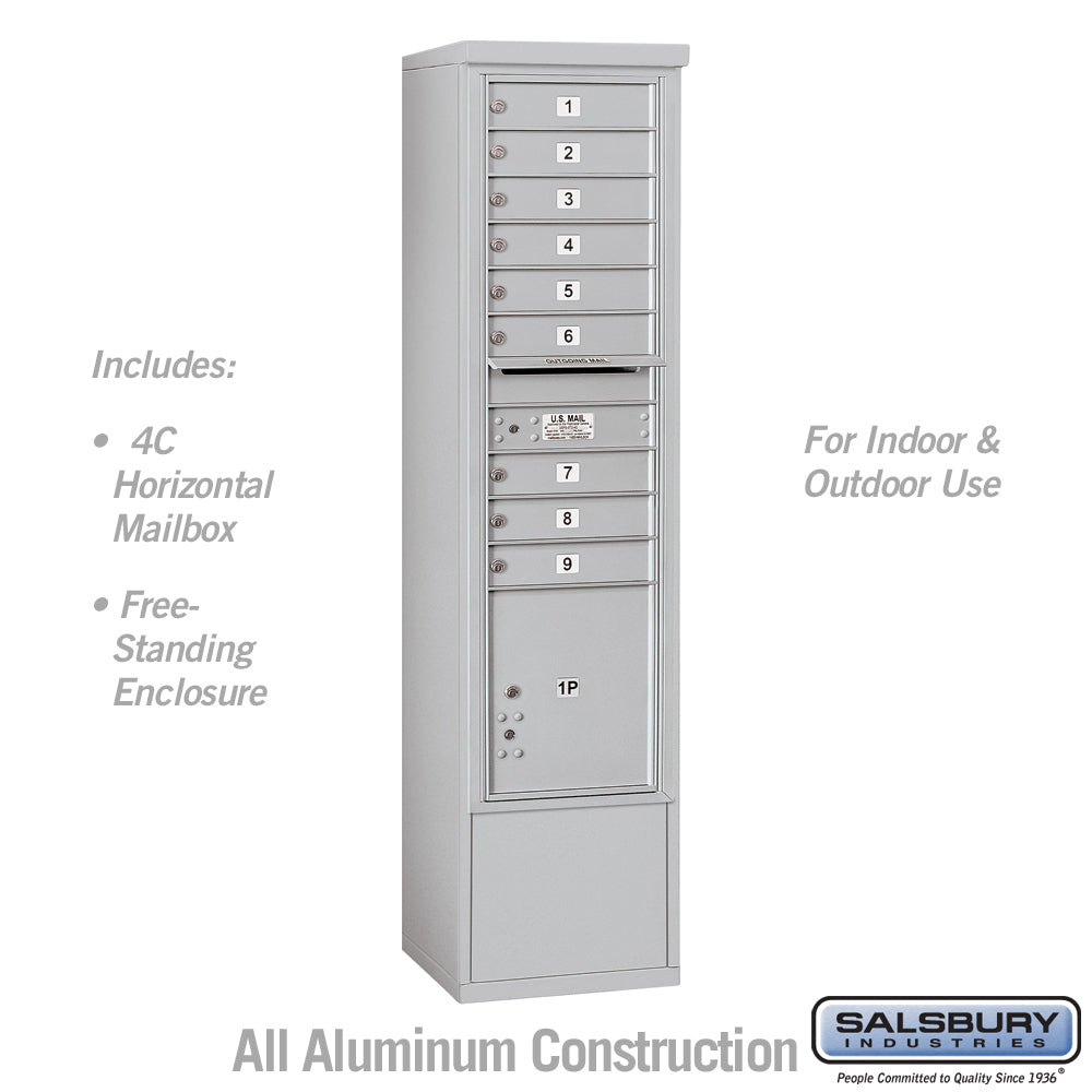 Maximum Height Free-Standing 4C Horizontal Mailbox with 9 Doors and 1 Parcel Locker in Aluminum with USPS Access