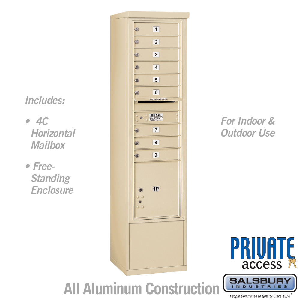 Maximum Height Free-Standing 4C Horizontal Mailbox with 9 Doors and 1 Parcel Locker in Sandstone with Private Access