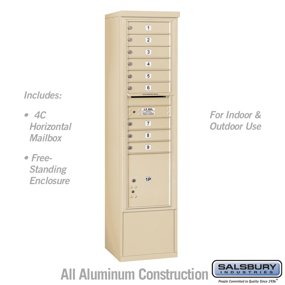 Maximum Height Free-Standing 4C Horizontal Mailbox with 9 Doors and 1 Parcel Locker in Sandstone with USPS Access