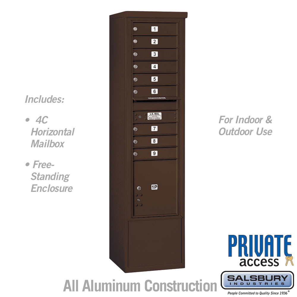 Maximum Height Free-Standing 4C Horizontal Mailbox with 9 Doors and 1 Parcel Locker in Bronze with Private Access