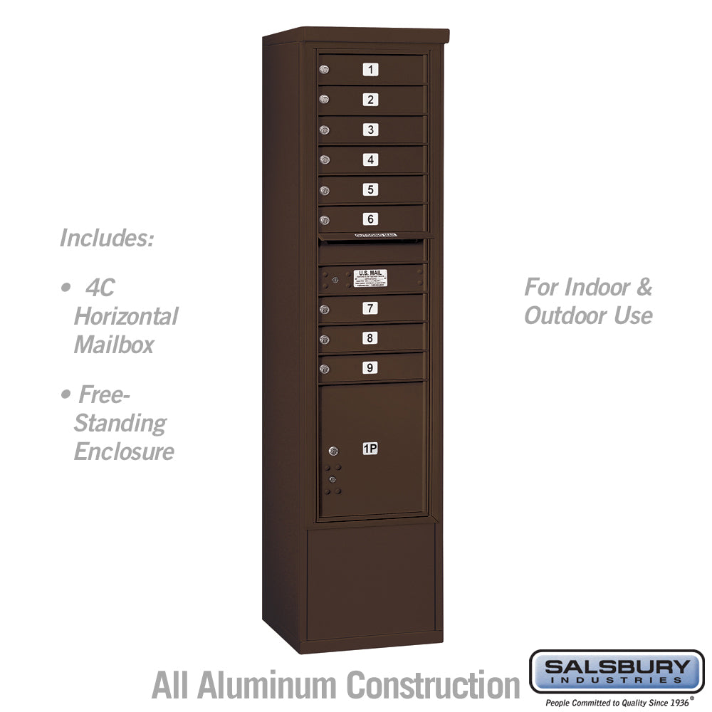 Maximum Height Free-Standing 4C Horizontal Mailbox with 9 Doors and 1 Parcel Locker in Bronze with USPS Access