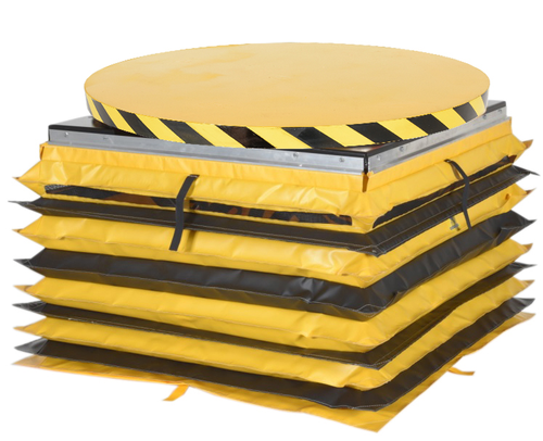 Steel Powered Lift Table With Manual Rotation And Vinyl Field Installed Accordion Skirt 4,000 Lb. Capacity Blue/Yellow