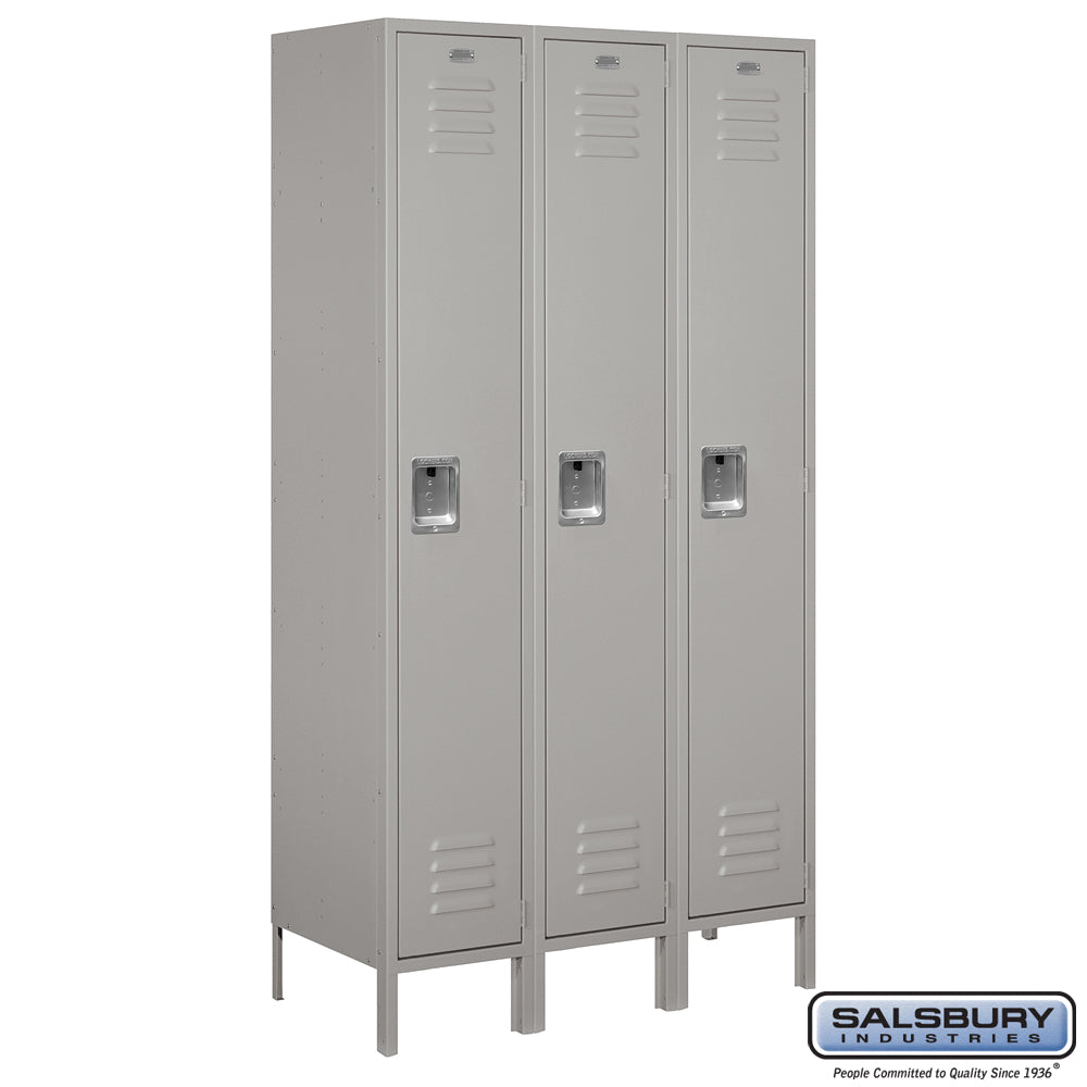 15" Wide Single Tier Standard Metal Locker - 3 Wide - 6 Feet High - 18 Inches Deep - Gray - Assembled