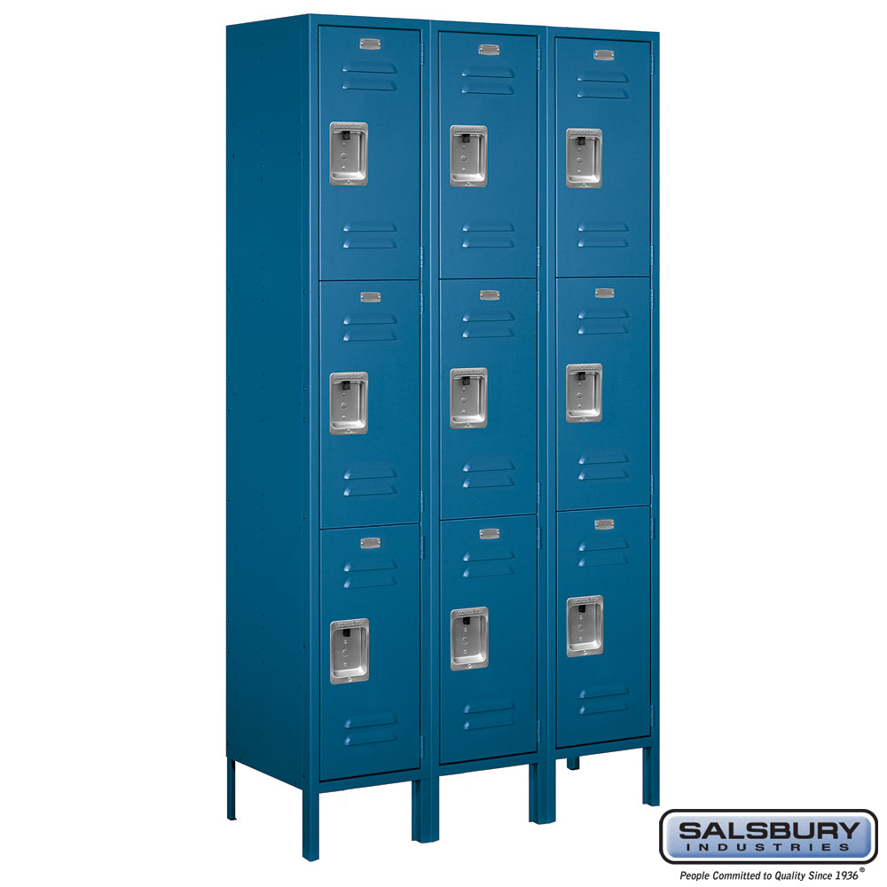 15" Wide Triple Tier Standard Metal Locker - 3 Wide - 6 Feet High - 15 Inches Deep - Blue - Assembled