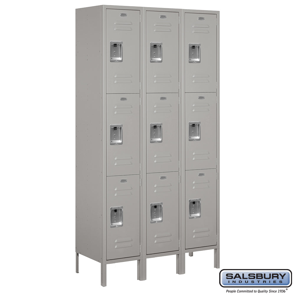 15" Wide Triple Tier Standard Metal Locker - 3 Wide - 6 Feet High - 15 Inches Deep - Gray - Assembled