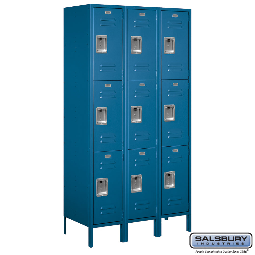 15" Wide Triple Tier Standard Metal Locker - 3 Wide - 6 Feet High - 18 Inches Deep - Blue - Assembled