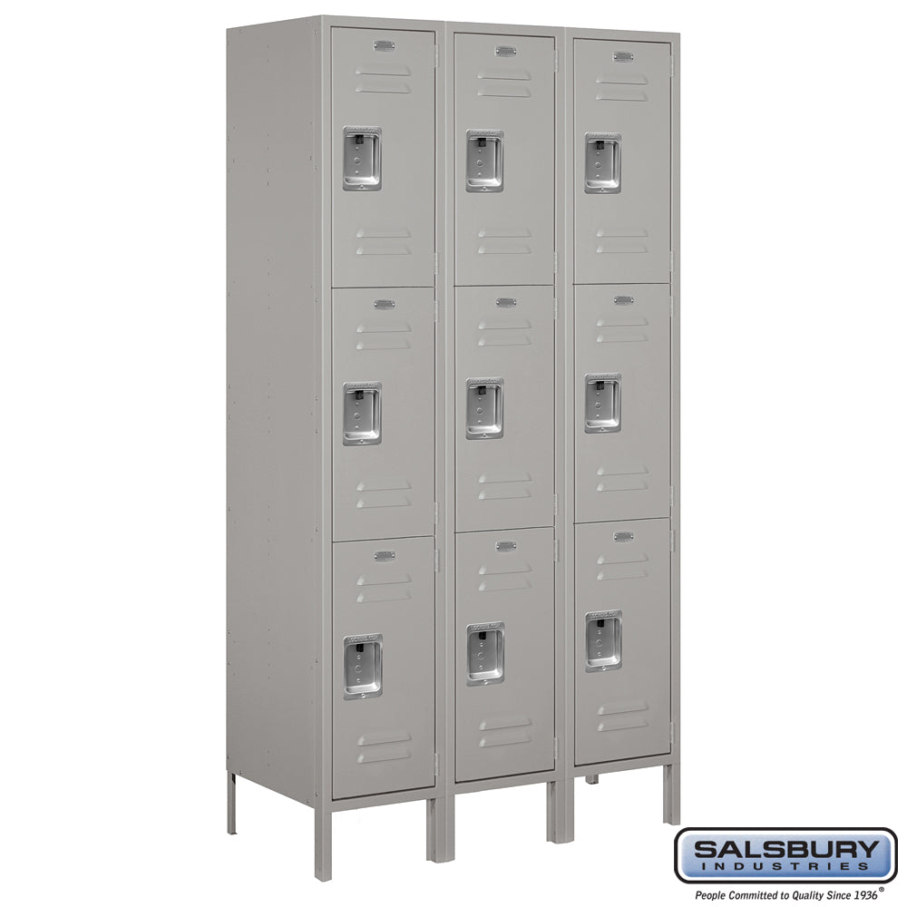 15" Wide Triple Tier Standard Metal Locker - 3 Wide - 6 Feet High - 18 Inches Deep - Gray - Assembled