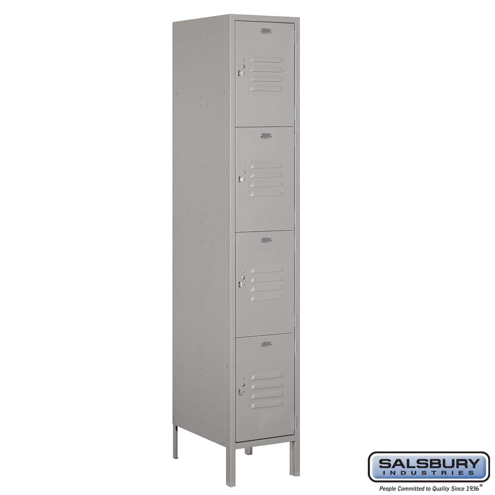 15" Wide Four Tier Standard Metal Locker - 1 Wide - 6 Feet High - 18 Inches Deep - Gray - Assembled