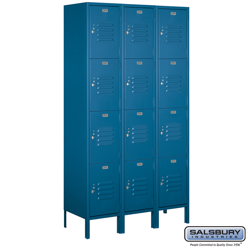 15" Wide Four Tier Standard Metal Locker - 3 Wide - 6 Feet High - 15 Inches Deep - Blue - Assembled