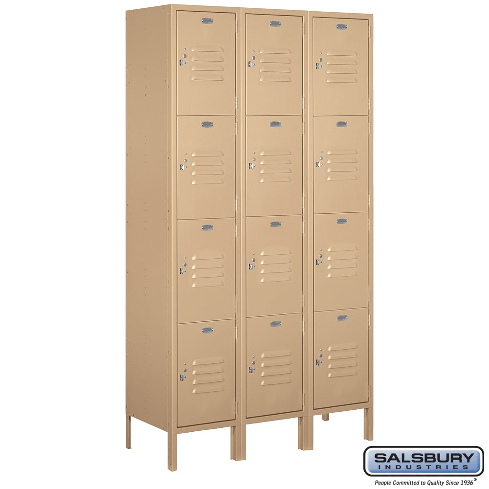 15" Wide Four Tier Standard Metal Locker - 3 Wide - 6 Feet High - 15 Inches Deep - Tan - Assembled