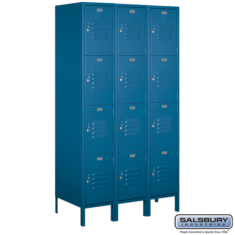 15" Wide Four Tier Standard Metal Locker - 3 Wide - 6 Feet High - 18 Inches Deep - Blue - Assembled