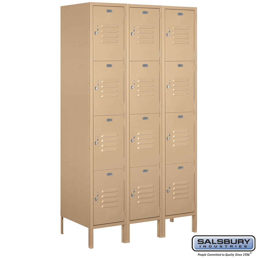 15" Wide Four Tier Standard Metal Locker - 3 Wide - 6 Feet High - 18 Inches Deep - Tan - Assembled