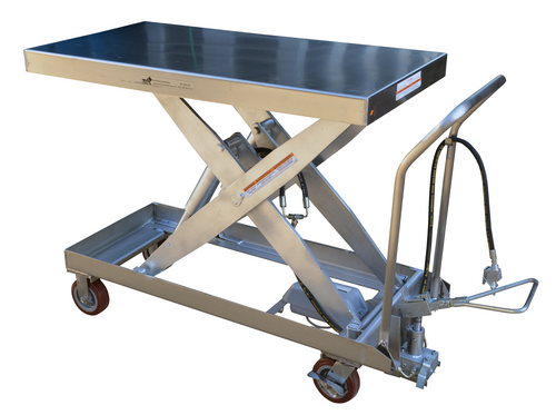 Partially Stainless Steel Air/Hydraulic Scissor Lift Cart 24 In x 47-1/4 In Platform With Poly-On-Poly Casters 2,000 Lb. Capacity Silver