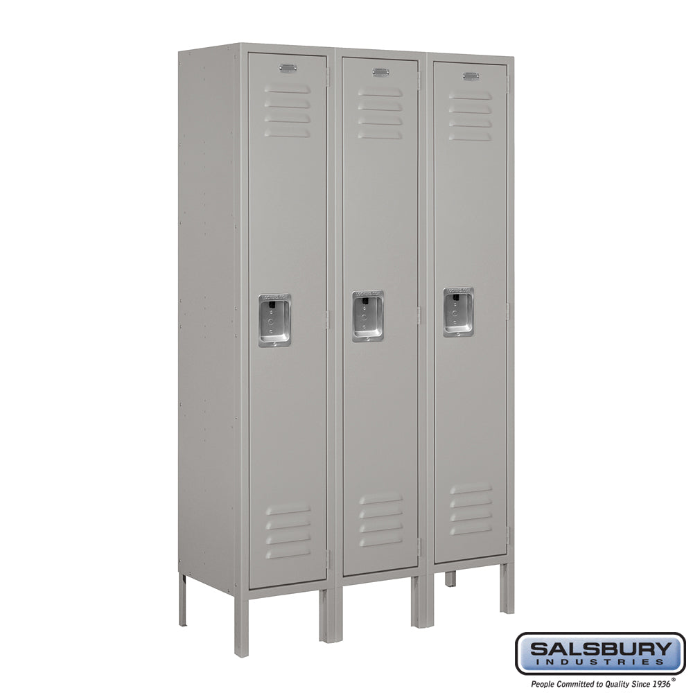 12" Wide Single Tier Standard Metal Locker - 3 Wide - 5 Feet High - 12 Inches Deep - Gray - Assembled