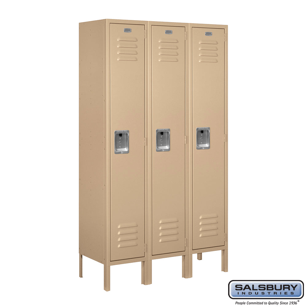 12" Wide Single Tier Standard Metal Locker - 3 Wide - 5 Feet High - 12 Inches Deep - Tan - Assembled