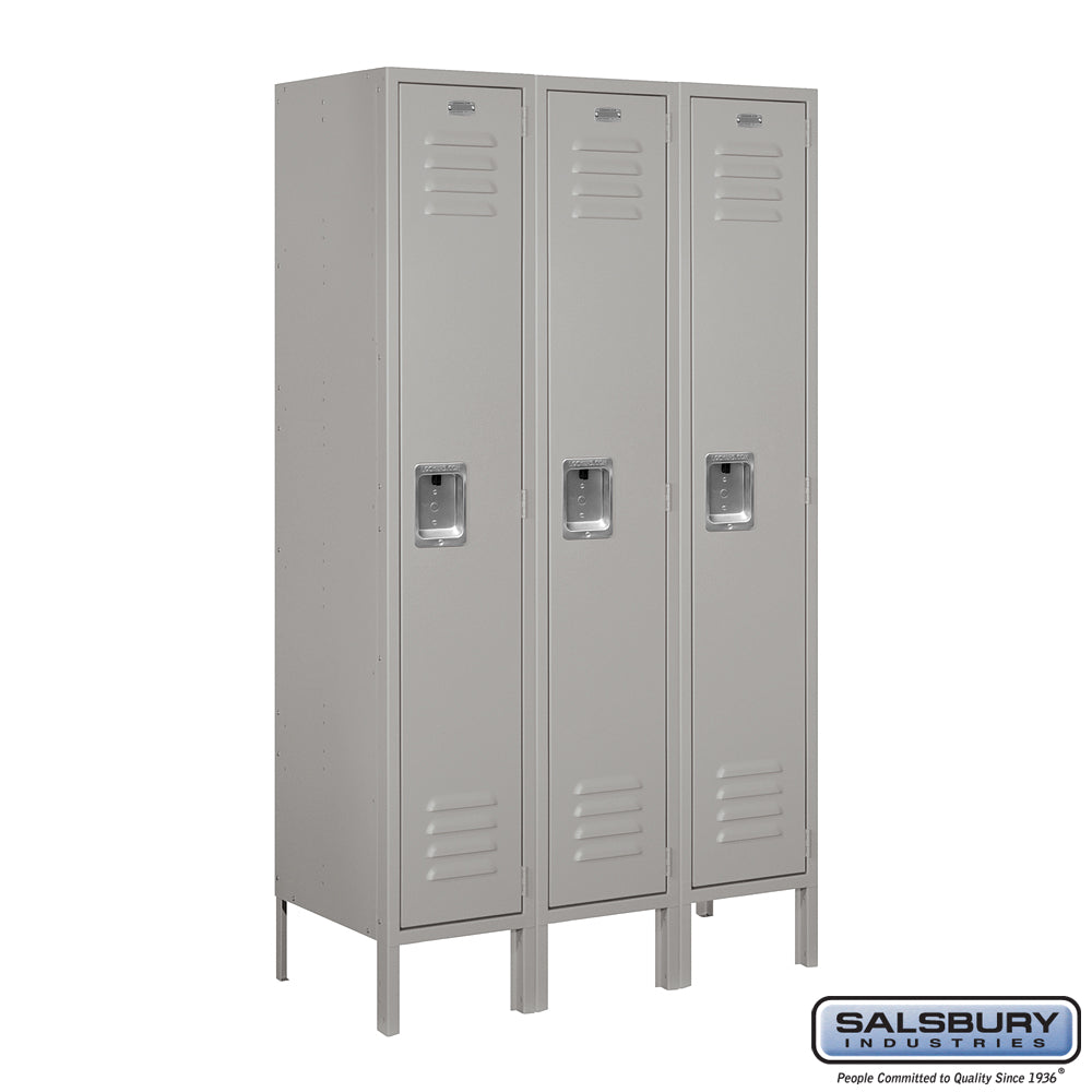 12" Wide Single Tier Standard Metal Locker - 3 Wide - 5 Feet High - 15 Inches Deep - Gray - Assembled