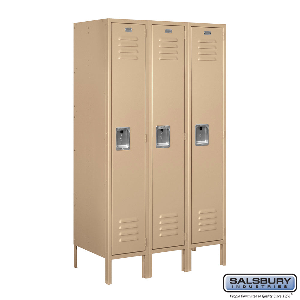 12" Wide Single Tier Standard Metal Locker - 3 Wide - 5 Feet High - 18 Inches Deep - Tan - Assembled