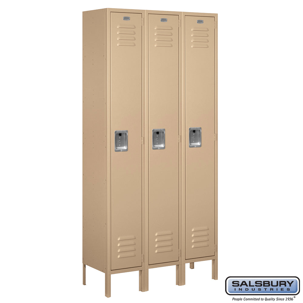 12" Wide Single Tier Standard Metal Locker - 3 Wide - 6 Feet High - 12 Inches Deep - Tan - Assembled