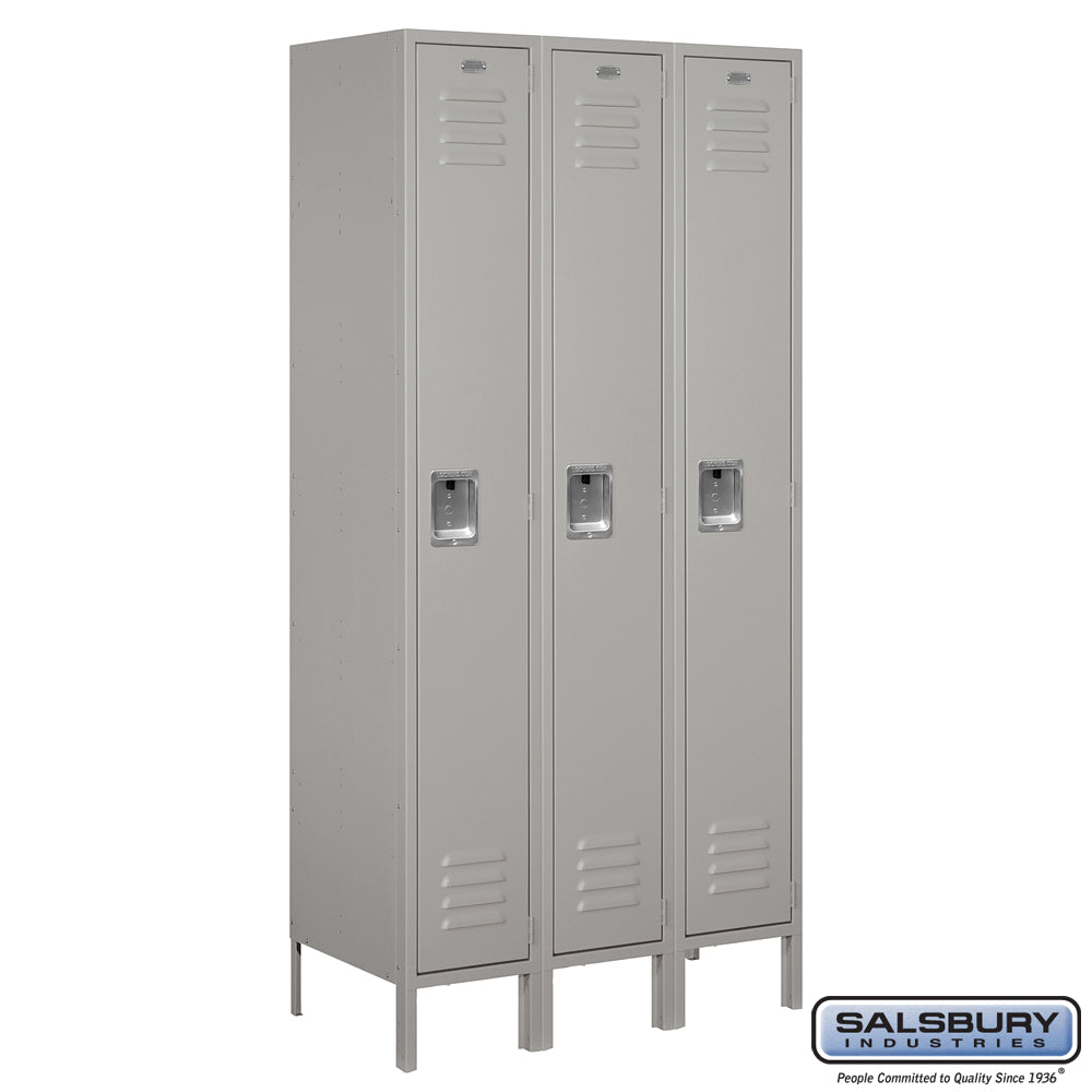 12" Wide Single Tier Standard Metal Locker - 3 Wide - 6 Feet High - 18 Inches Deep - Gray - Assembled