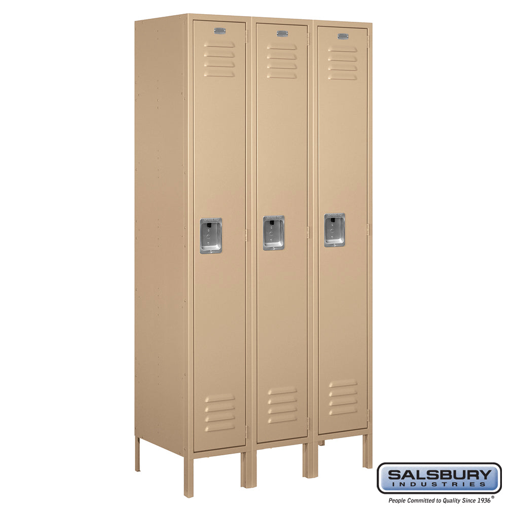 12" Wide Single Tier Standard Metal Locker - 3 Wide - 6 Feet High - 18 Inches Deep - Tan - Assembled