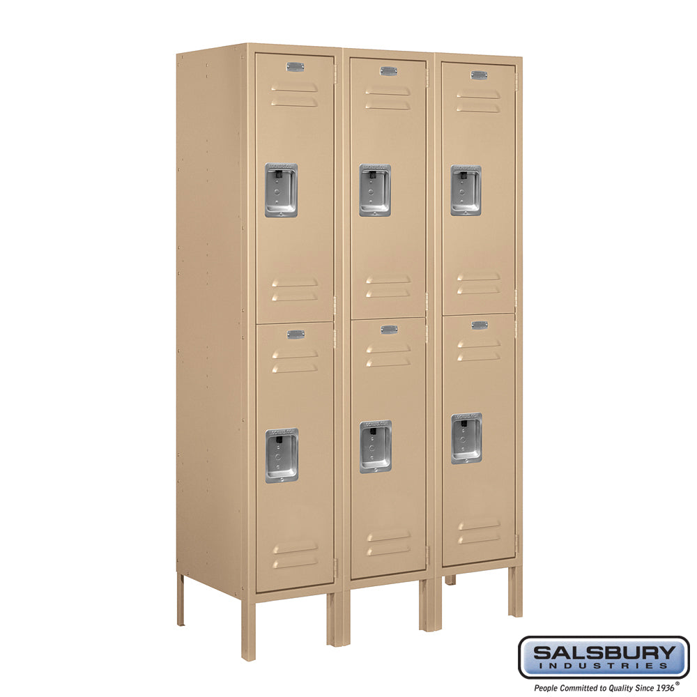 12" Wide Double Tier Standard Metal Locker - 3 Wide - 5 Feet High - 15 Inches Deep - Tan - Assembled