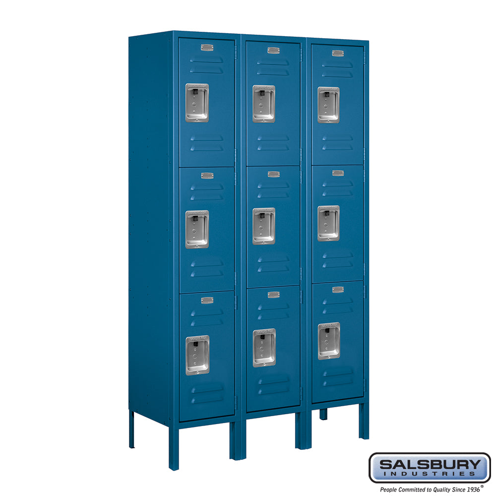 12" Wide Triple Tier Standard Metal Locker - 3 Wide - 5 Feet High - 12 Inches Deep - Blue - Assembled