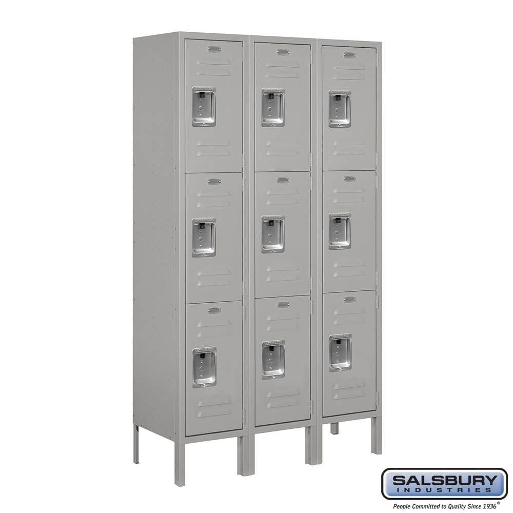 12" Wide Triple Tier Standard Metal Locker - 3 Wide - 5 Feet High - 12 Inches Deep - Gray - Assembled