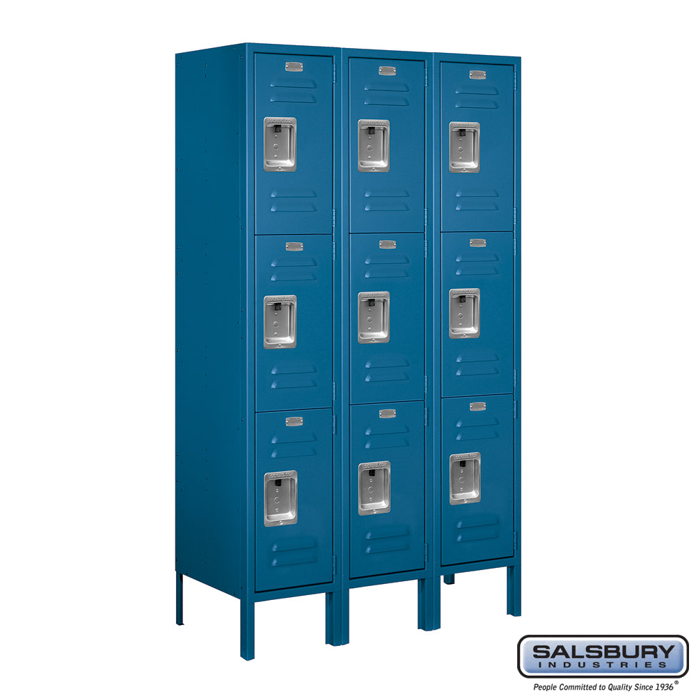 12" Wide Triple Tier Standard Metal Locker - 3 Wide - 5 Feet High - 15 Inches Deep - Blue - Assembled