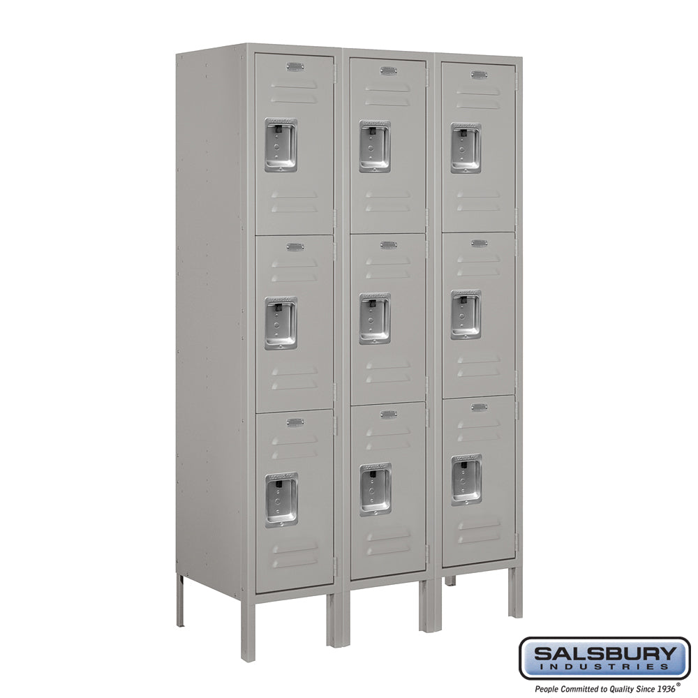 12" Wide Triple Tier Standard Metal Locker - 3 Wide - 5 Feet High - 15 Inches Deep - Gray - Assembled