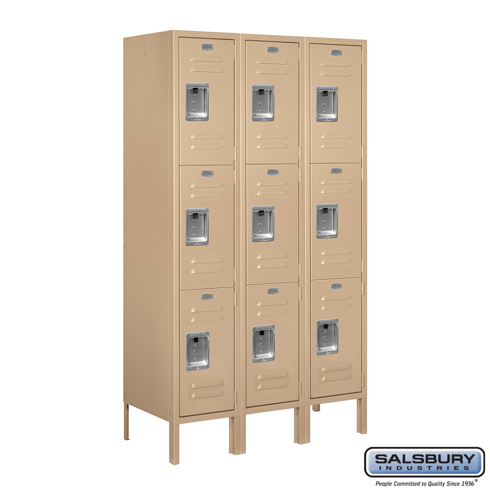 12" Wide Triple Tier Standard Metal Locker - 3 Wide - 5 Feet High - 15 Inches Deep - Tan - Assembled