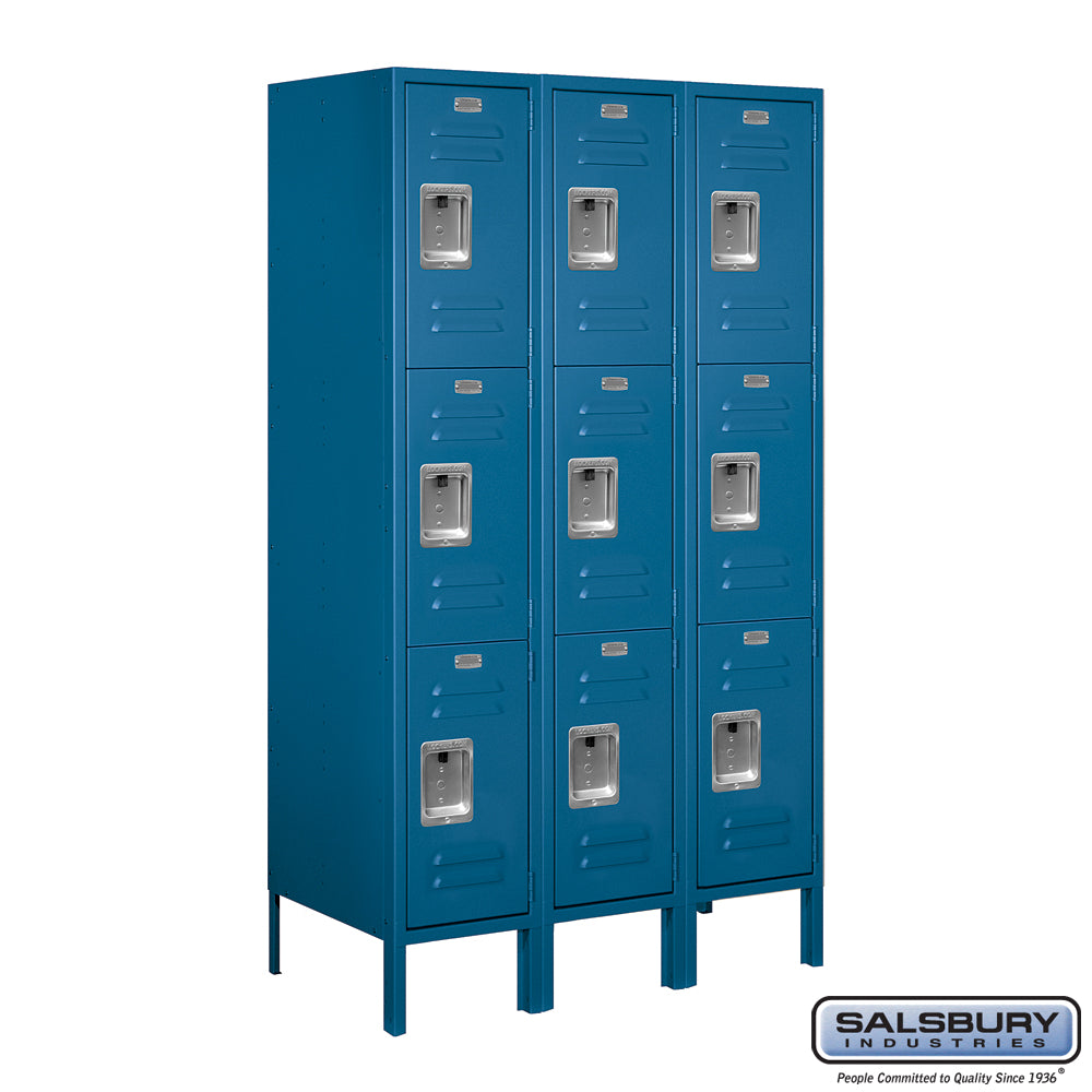 12" Wide Triple Tier Standard Metal Locker - 3 Wide - 5 Feet High - 18 Inches Deep - Blue - Assembled