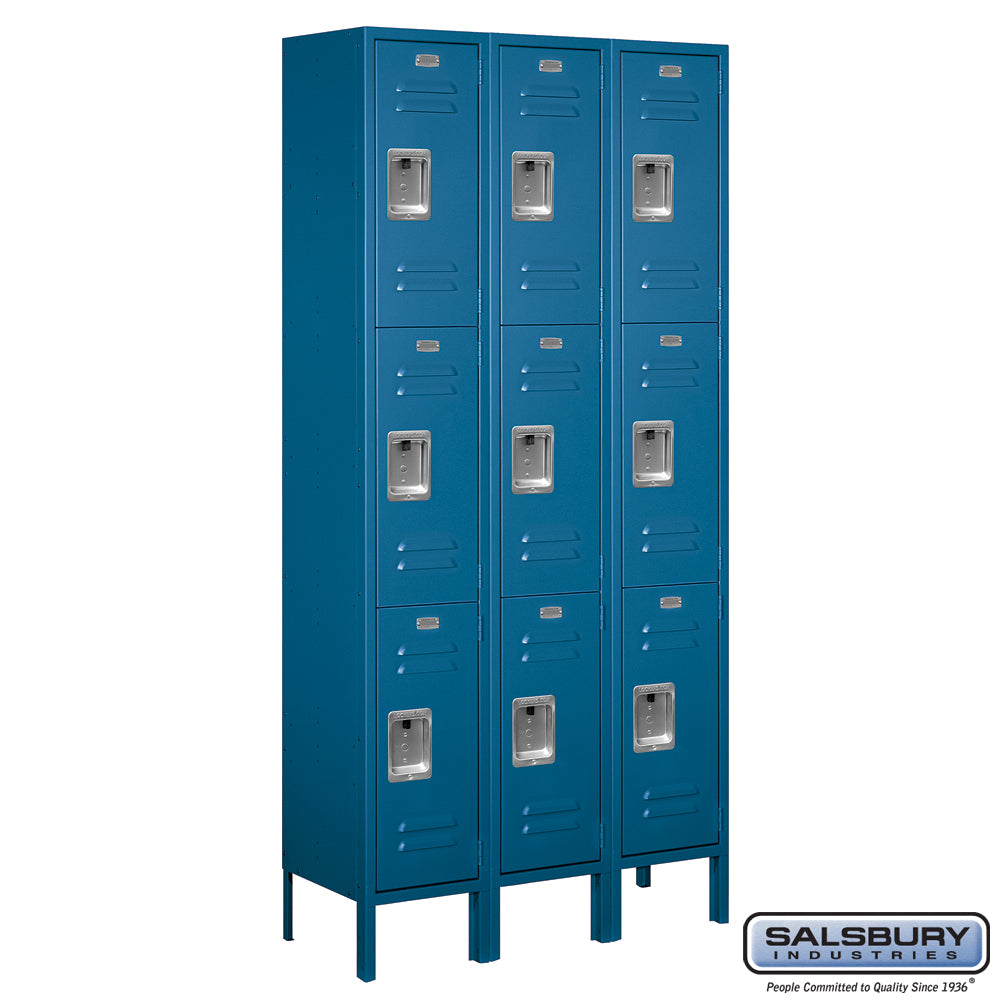 12" Wide Triple Tier Standard Metal Locker - 3 Wide - 6 Feet High - 12 Inches Deep - Blue - Assembled