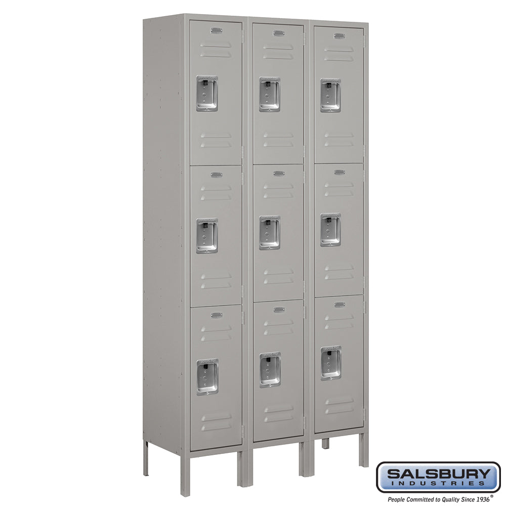 12" Wide Triple Tier Standard Metal Locker - 3 Wide - 6 Feet High - 12 Inches Deep - Gray - Assembled