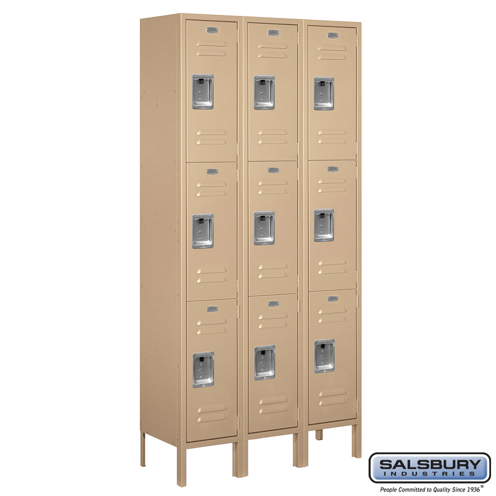 12" Wide Triple Tier Standard Metal Locker - 3 Wide - 6 Feet High - 12 Inches Deep - Tan - Assembled