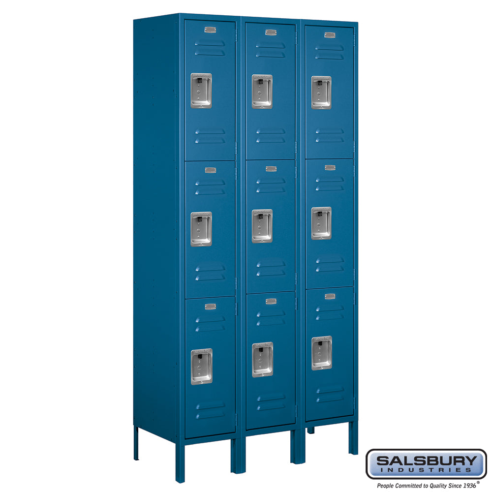 12" Wide Triple Tier Standard Metal Locker - 3 Wide - 6 Feet High - 15 Inches Deep - Blue - Assembled