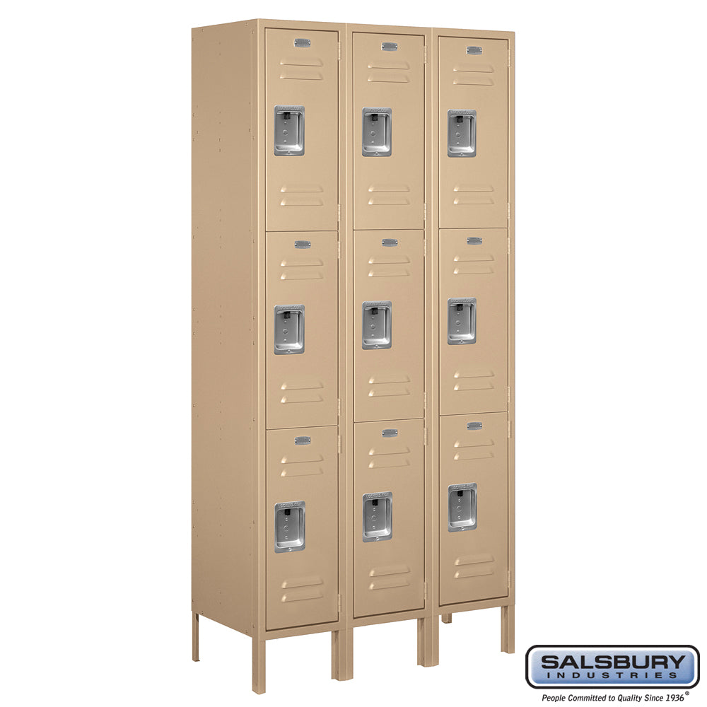 12" Wide Triple Tier Standard Metal Locker - 3 Wide - 6 Feet High - 15 Inches Deep - Tan - Assembled