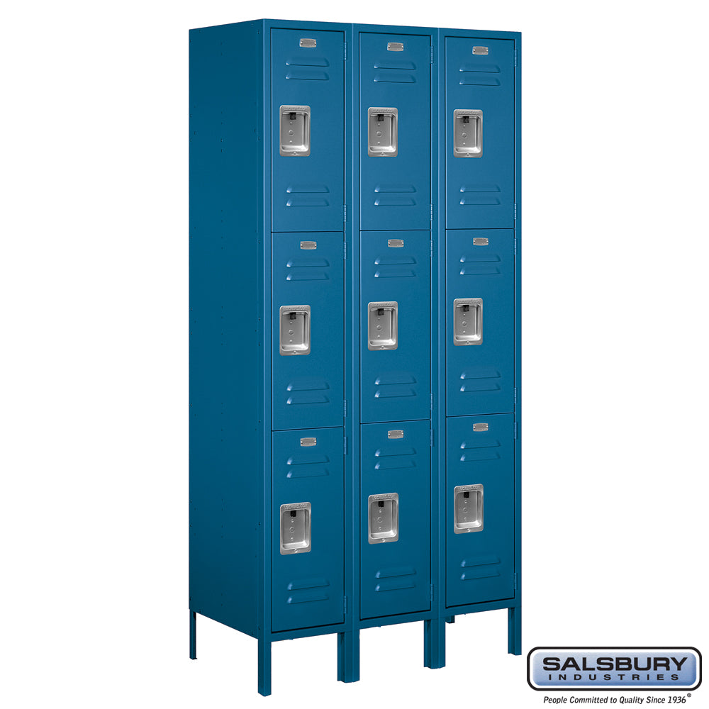 12" Wide Triple Tier Standard Metal Locker - 3 Wide - 6 Feet High - 18 Inches Deep - Blue - Assembled