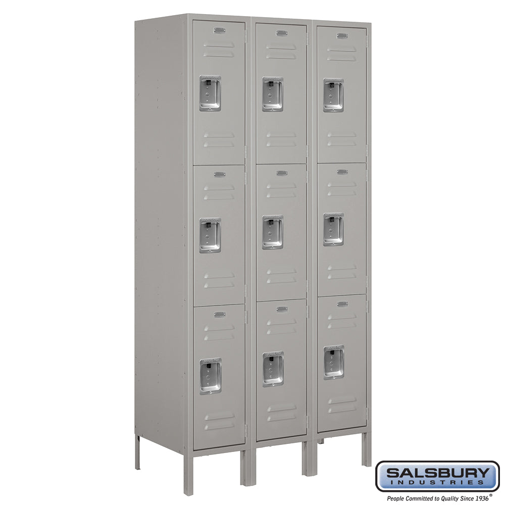 12" Wide Triple Tier Standard Metal Locker - 3 Wide - 6 Feet High - 18 Inches Deep - Gray - Assembled