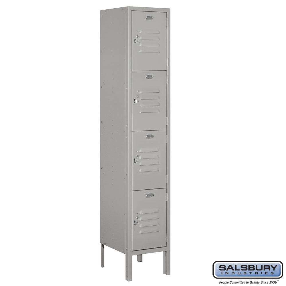 12" Wide Four Tier Standard Metal Locker - 1 Wide - 5 Feet High - 12 Inches Deep - Gray - Assembled