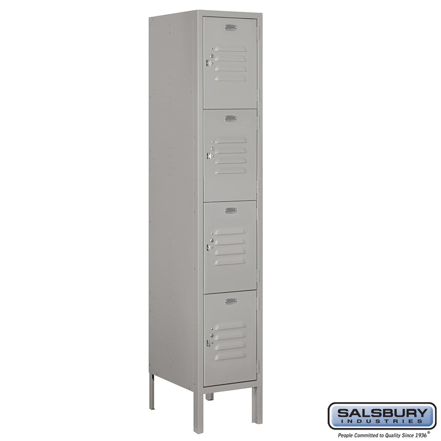 12" Wide Four Tier Standard Metal Locker - 1 Wide - 5 Feet High - 15 Inches Deep - Gray - Unassembled
