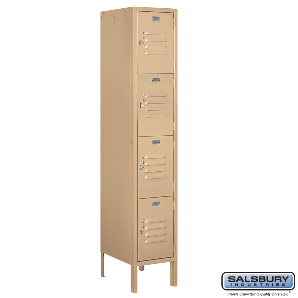 12" Wide Four Tier Standard Metal Locker - 1 Wide - 5 Feet High - 15 Inches Deep - Tan - Assembled