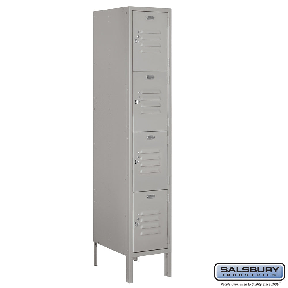 12" Wide Four Tier Standard Metal Locker - 1 Wide - 5 Feet High - 18 Inches Deep - Gray - Assembled