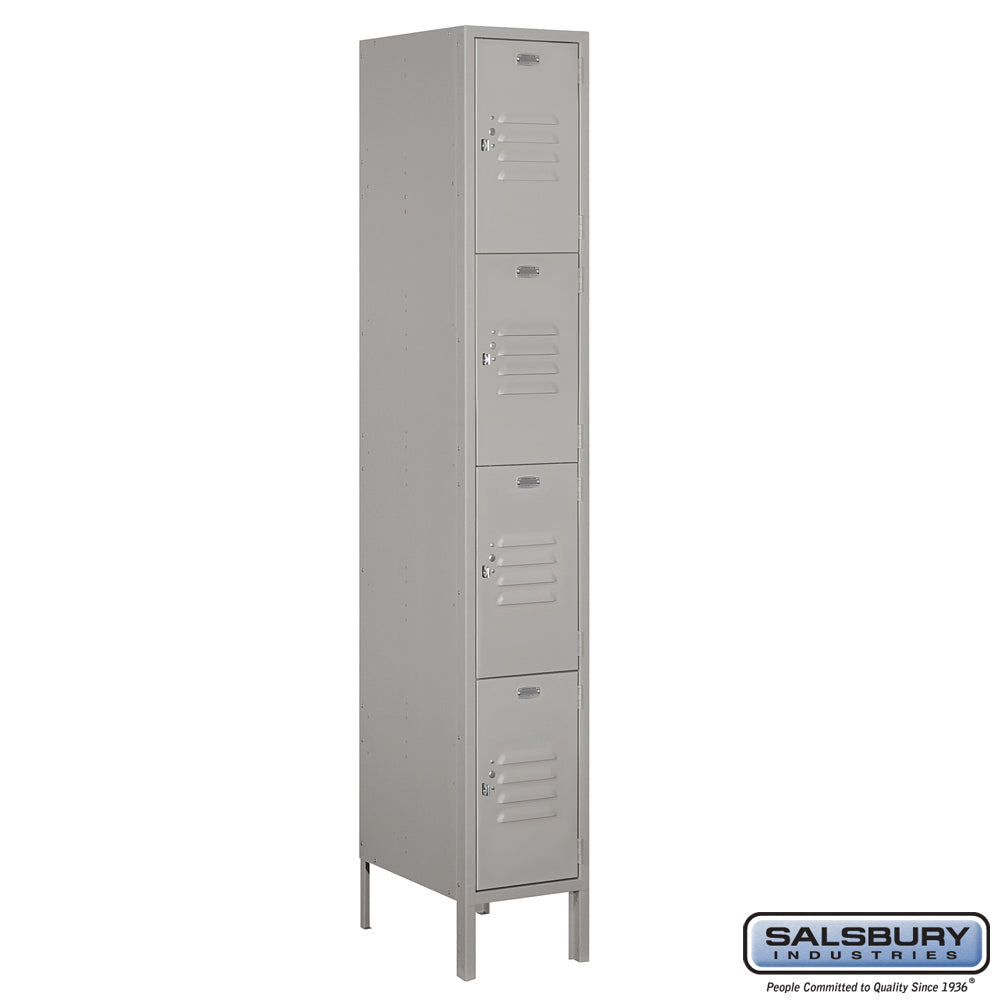 12" Wide Four Tier Standard Metal Locker - 1 Wide - 6 Feet High - 18 Inches Deep - Gray - Unassembled