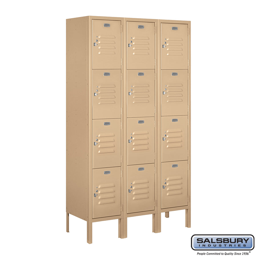 12" Wide Four Tier Standard Metal Locker - 3 Wide - 5 Feet High - 12 Inches Deep - Tan - Assembled