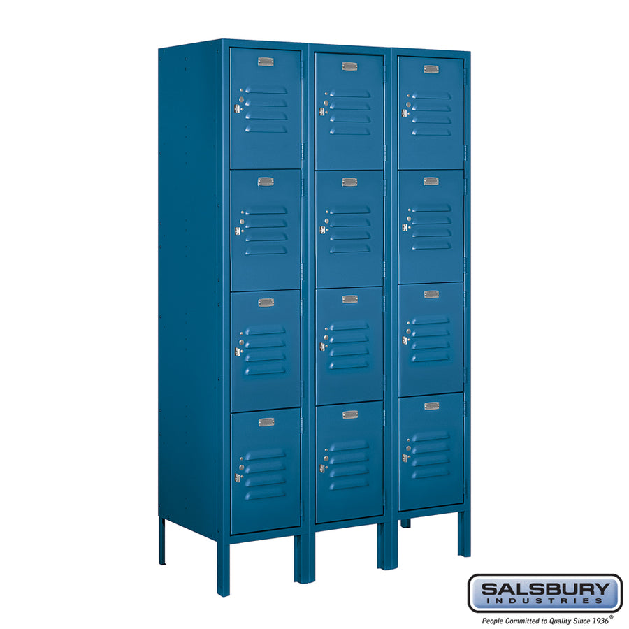 12" Wide Four Tier Standard Metal Locker - 3 Wide - 5 Feet High - 15 Inches Deep - Blue - Assembled